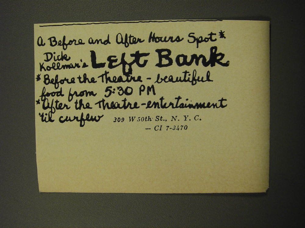 1959 Left Bank Club Ad - A before and after hours spot Dick Collmar's Left Bank-image