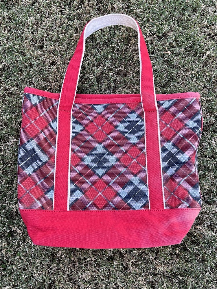 LANDS END Canvas Boat Tote Bag Zip Top Red Plaid