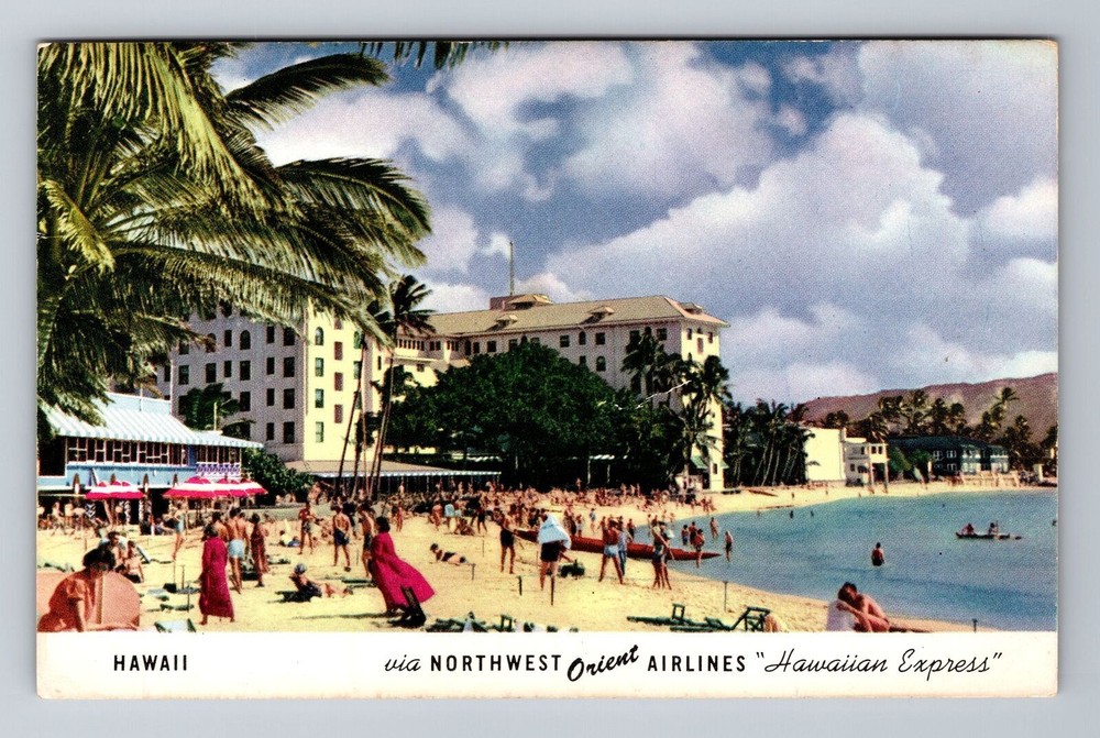 Waikiki HI-Hawaii, Sunbathing on Waikiki Beach and Local Hotels Vintage Postcard