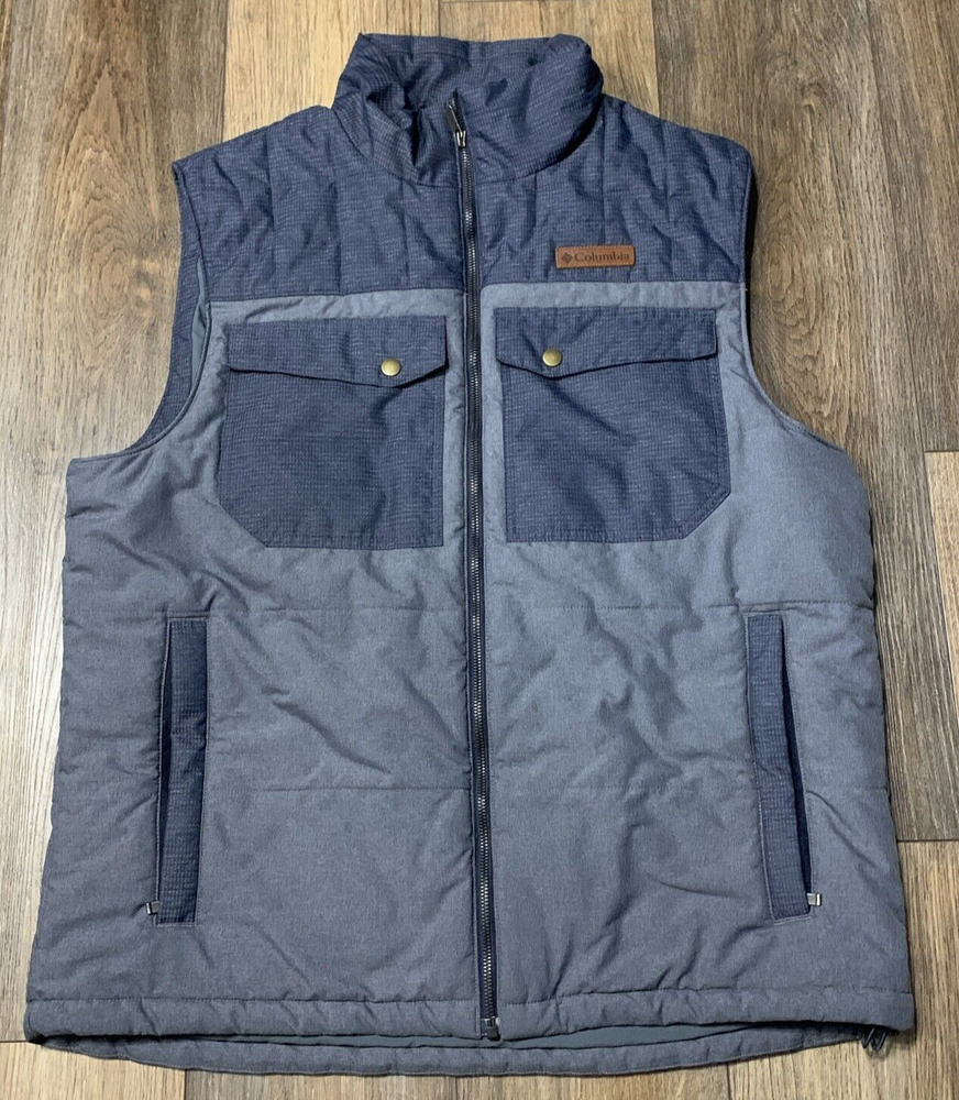 Columbia Insulated Vest Mens L Blue Gray Lightweight Full Zip Pockets
