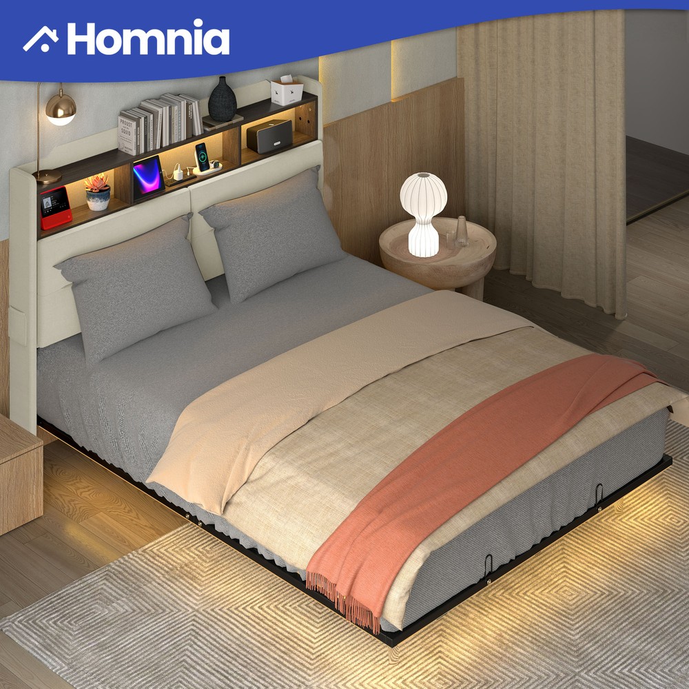 King Size Floating Bed Frame w/ 2 Hidden Headboard Storage Shelving LED Charging
