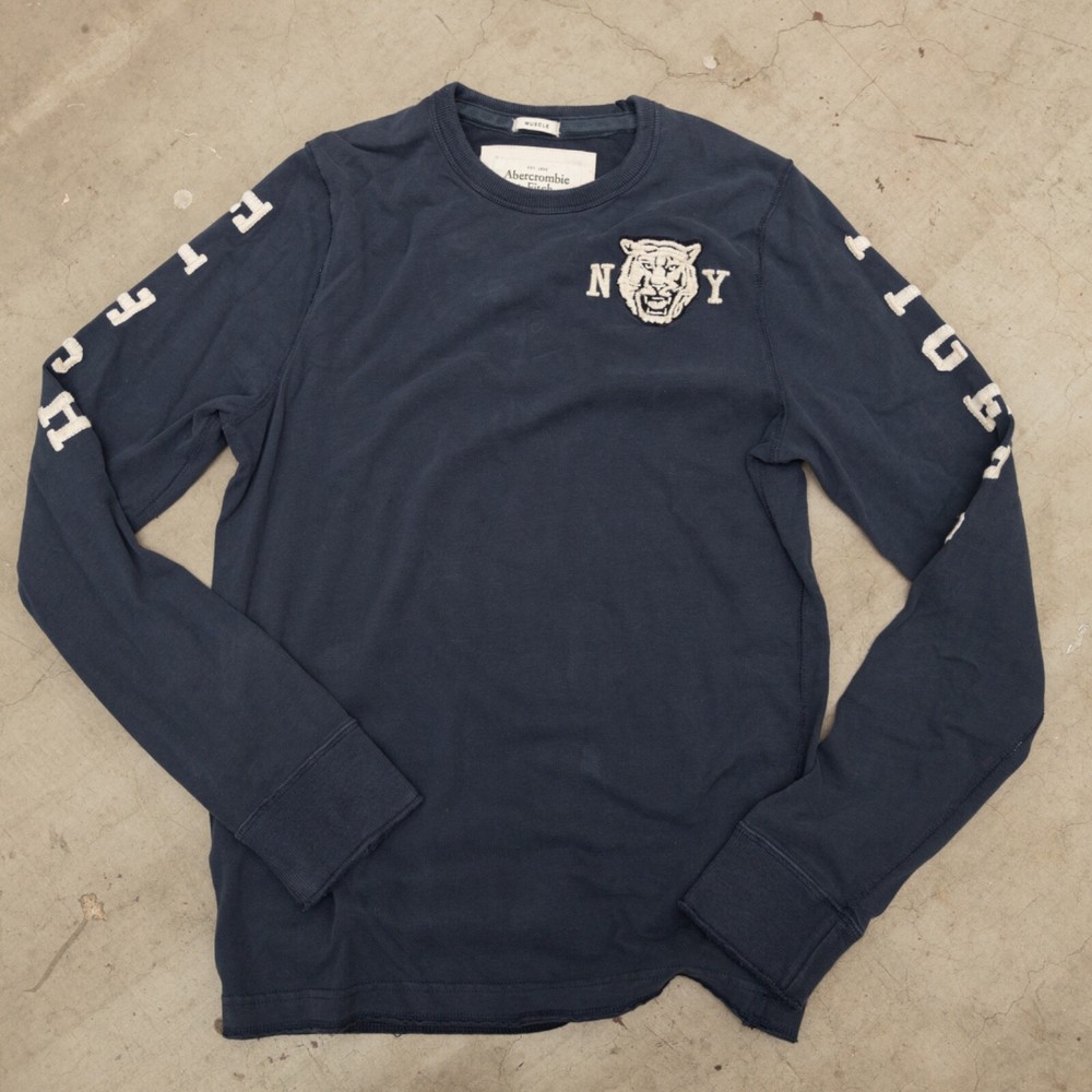 Abercrombie & Fitch Mens Medium Muscle Embroidered Long Sleeve Logo T-Shirt Blue-image