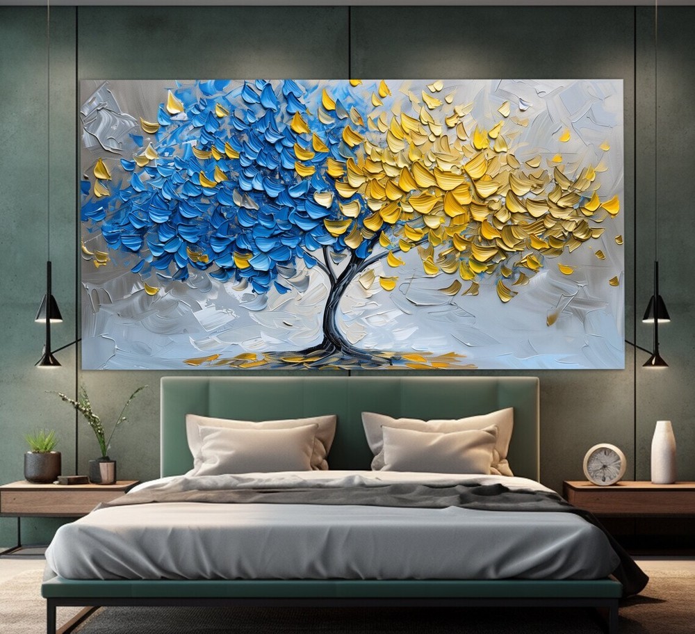 Abstract Blue & Yellow Tree Oil Paint Unframed Canvas Print Australian Wall Art