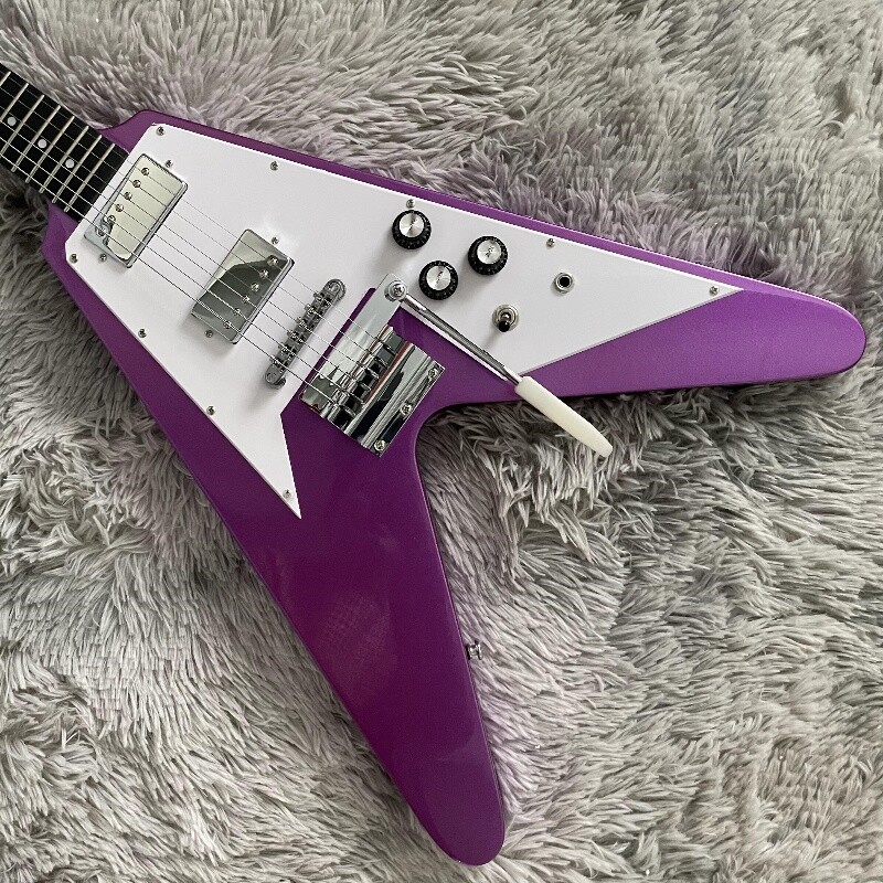 Metallic Purple Flying V Tremolo HH Pickups Electric Guitar Chrome Hardware