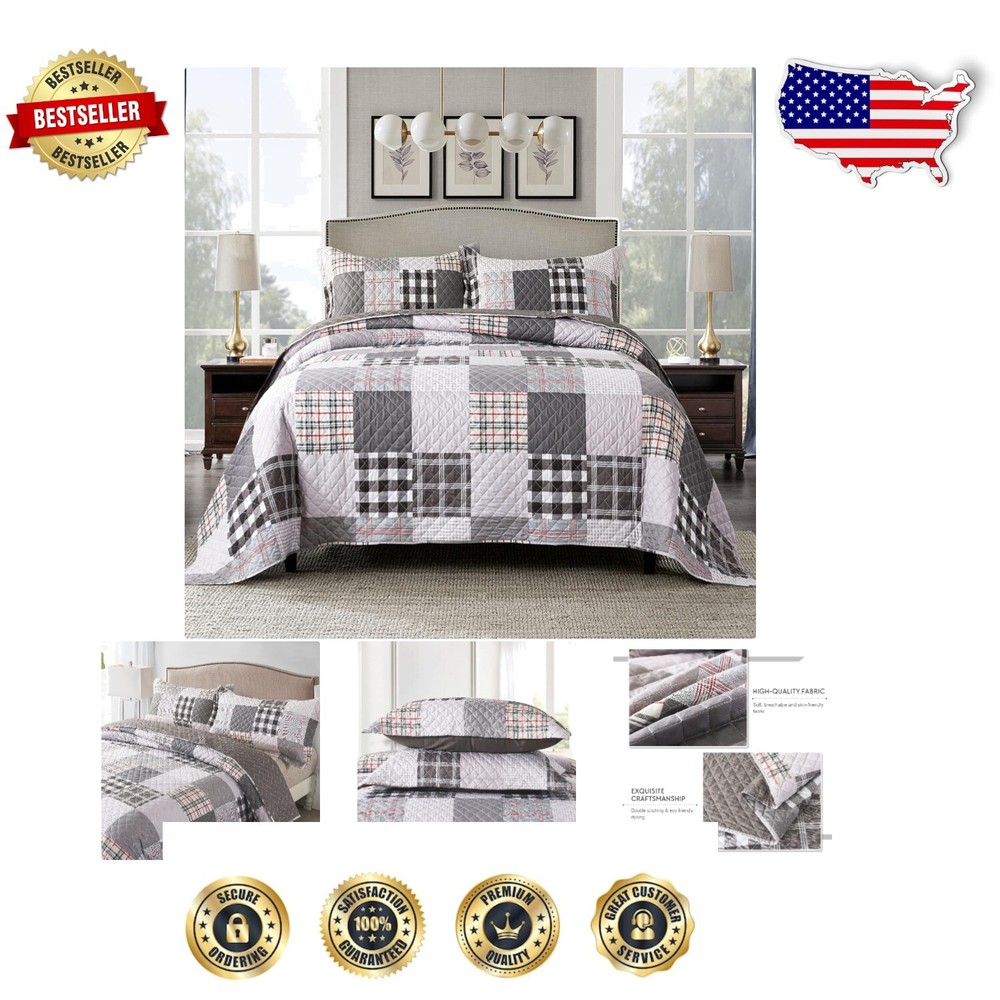 King Size Grey Microfiber Quilt Set: Elegant Checkered Design for Comfort