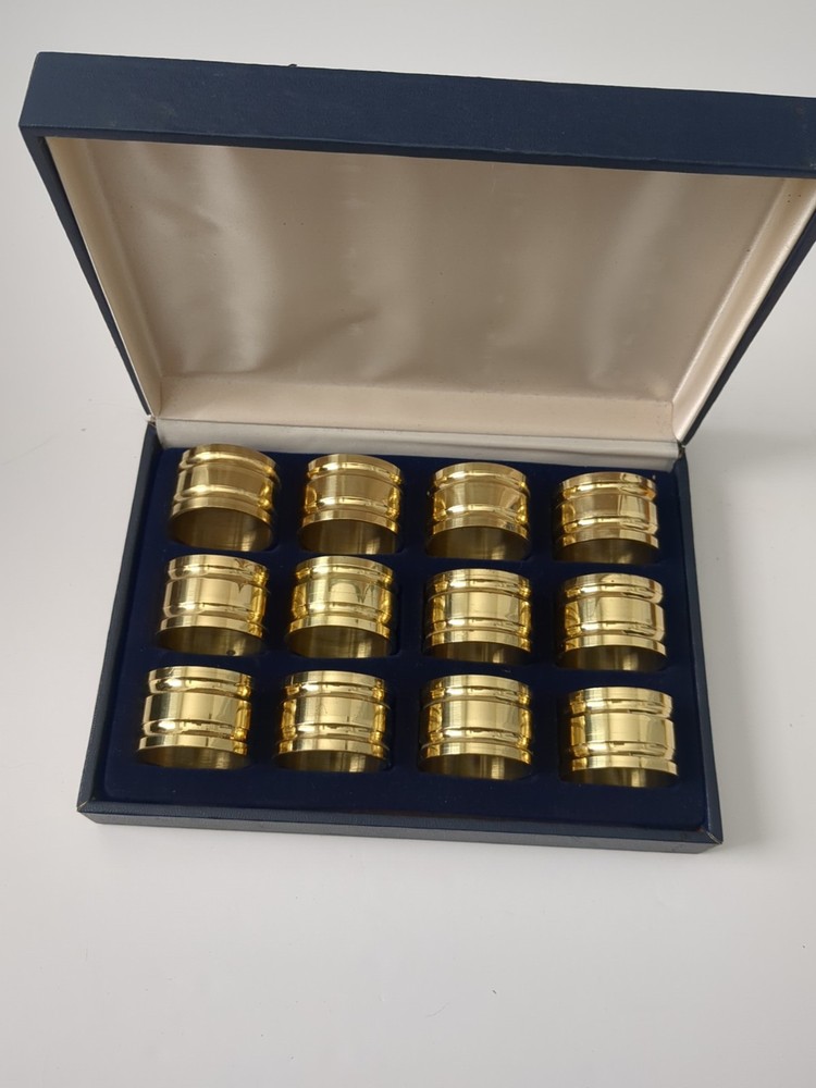 Vintage Blue Velvet Lined Boxed Set Of 12 Solid Brass Napkin Rings  1