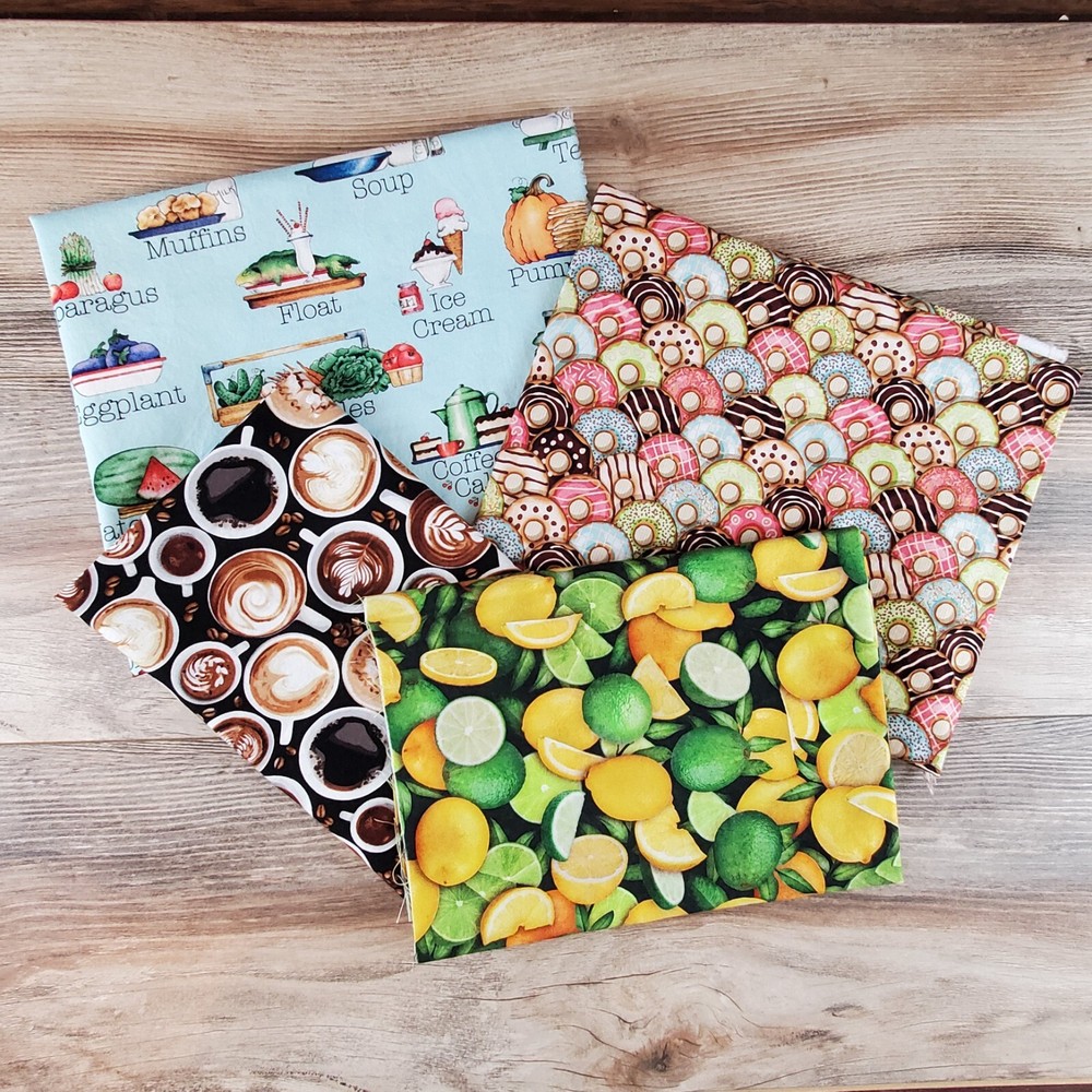 4 Piece Lot of Quilting Fabric Vintage Kitchen Donuts Coffee Lemons Limes Prints