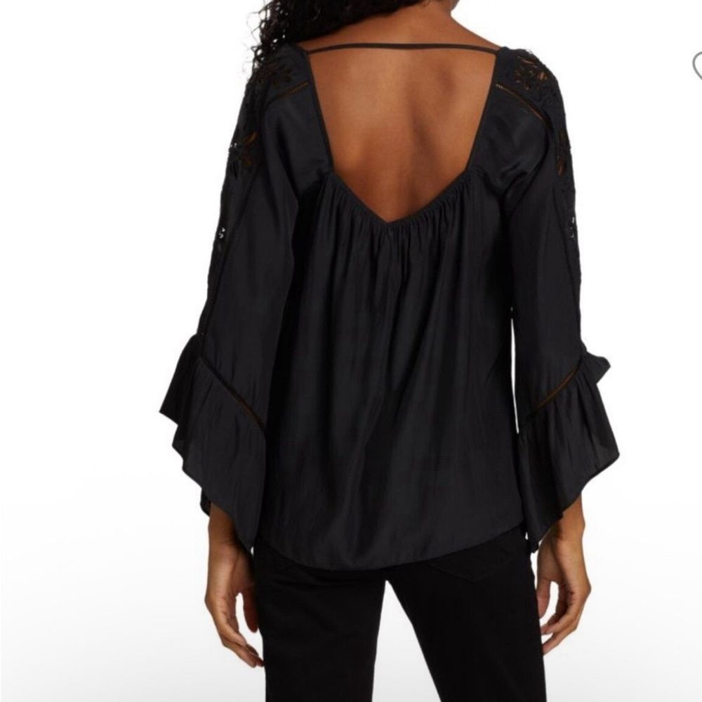 Ramy Brook Black Embroidered Bell Sleeve Sophisticated Feminine Blouse Flowy Med