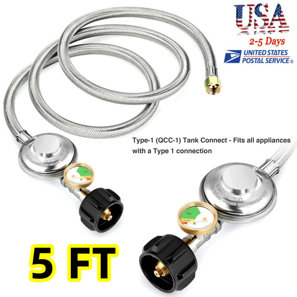 BBQ 5FT with Gauge Grill Low Pressure Propane Regulator Hose for Gas Pit, Stove