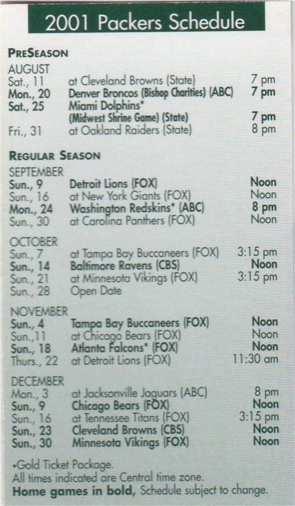 2001 Green Bay Packers NFL Football Pocket Schedule- Miller Beer