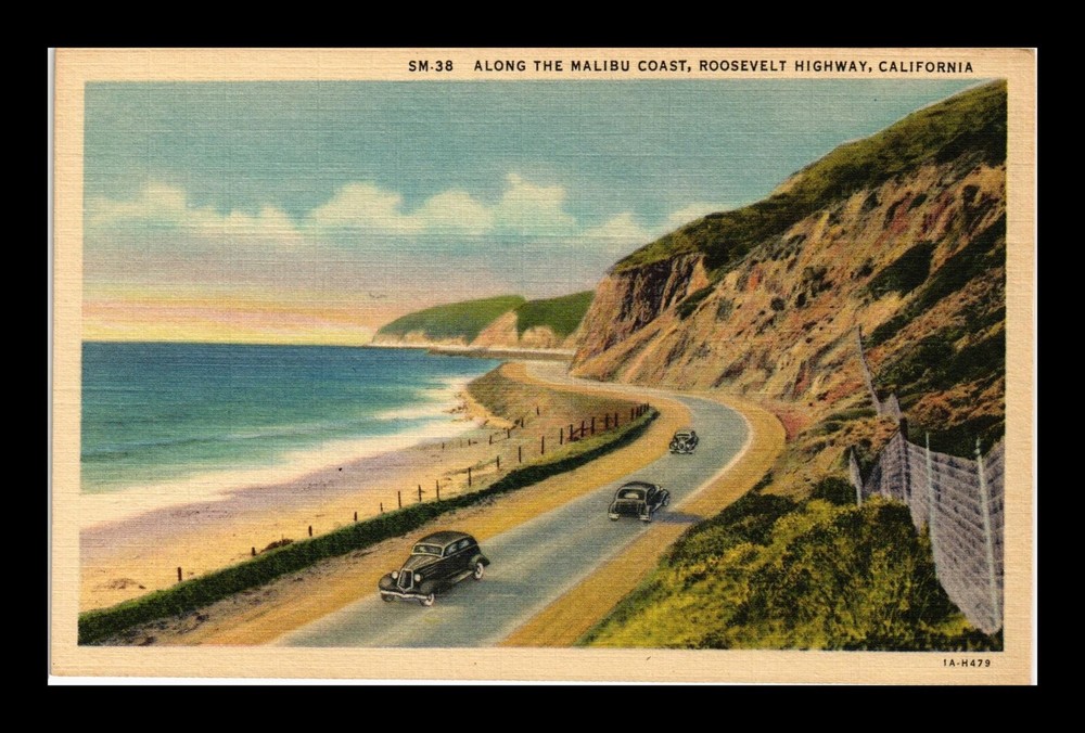 DR JIM STAMPS POSTCARD ALONG THE MALIBU COAST ROOSEVELT HIGHWAY CAL LINEN