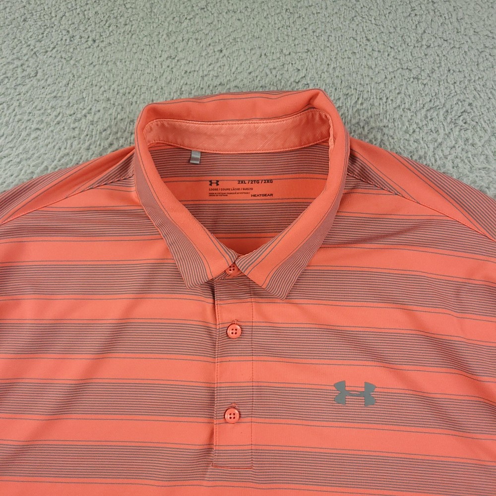 Under Armour HeatGear Polo Shirt Mens 2XL Orange Stripe Golf Performance Stretch