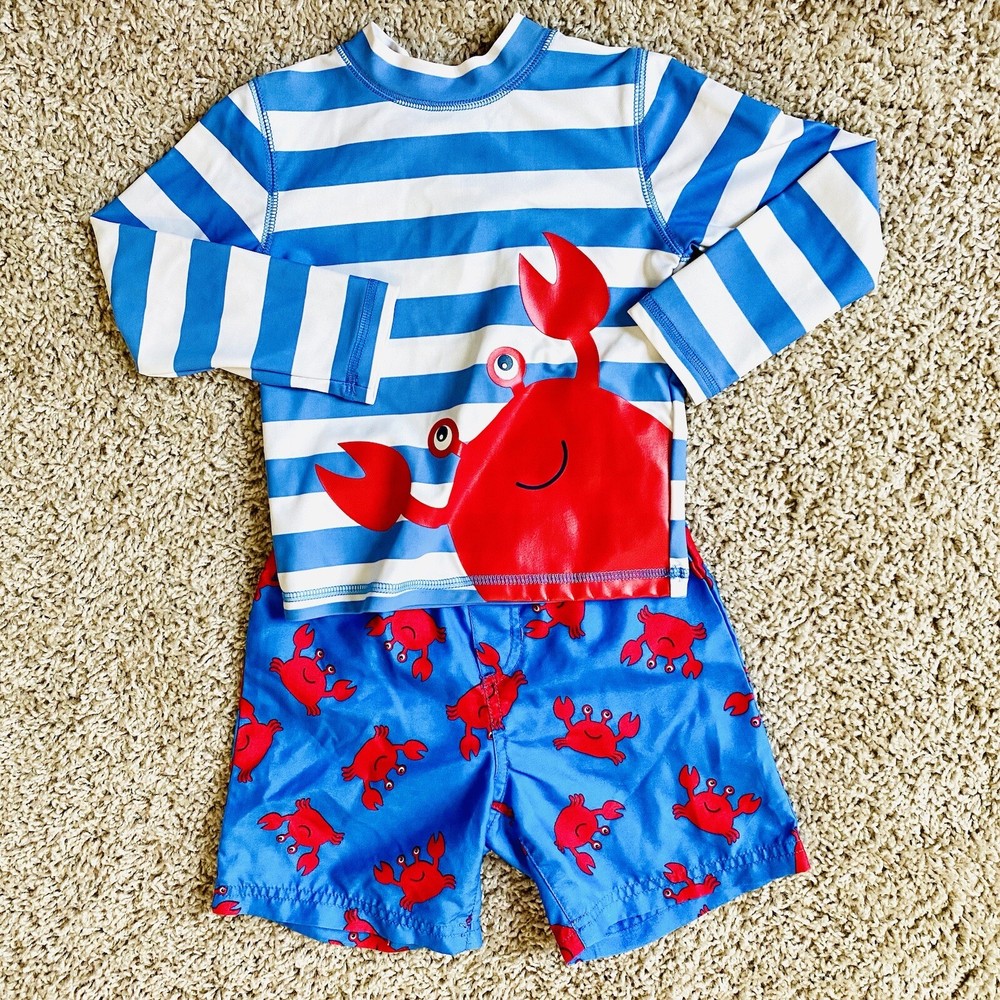 Little Me Toddler Boy Swim Set Rash Guard Size 24M Blue White Red Striped Crab