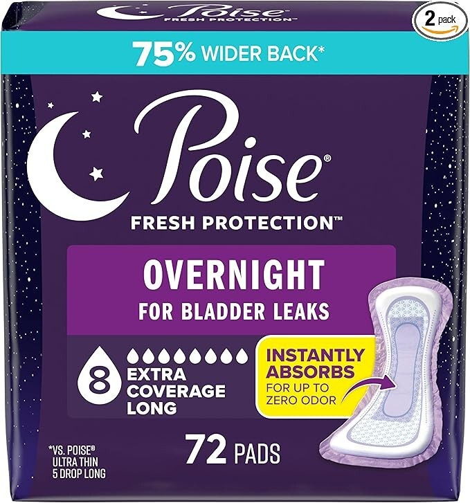 Poise Overnight Incontinence Pads for Women 8 Drop Extra Absorbency Postpartum & Bladder Leak Protection