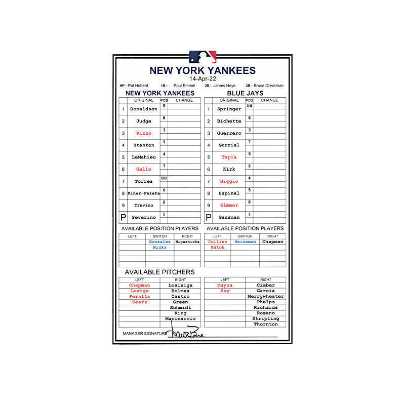 Aaron Boone Autographed April 14, 2022 Pregame Manager Lineup Card vs. Toronto