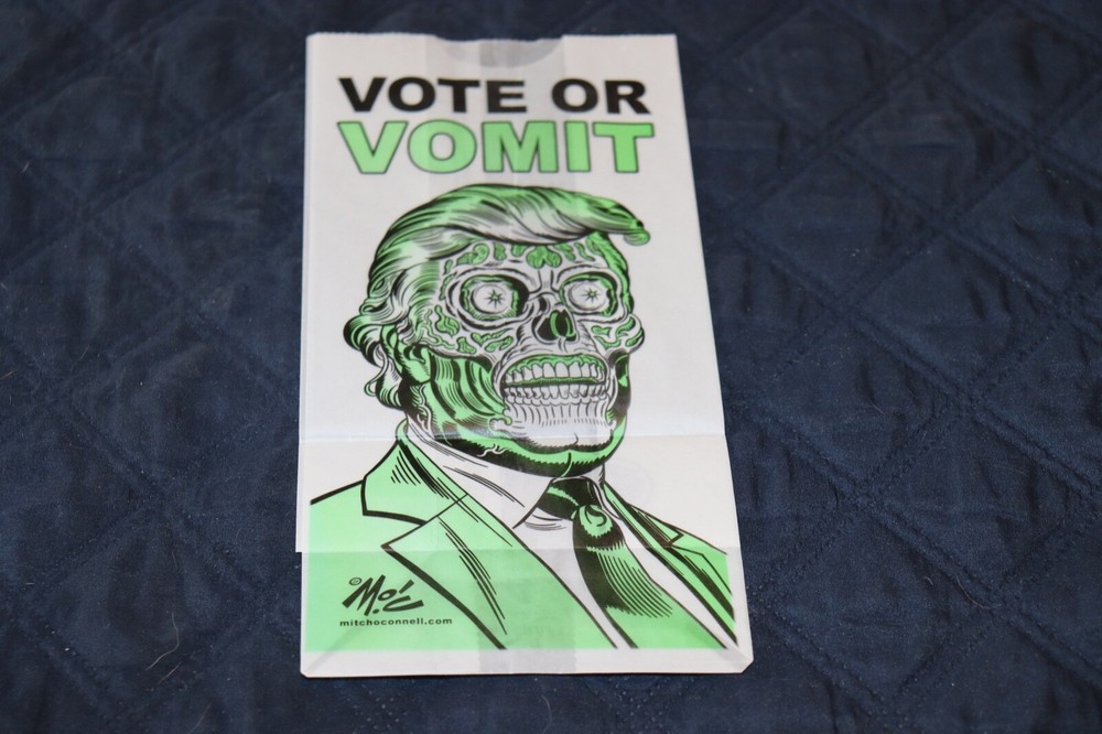 Vote or Vomit - Mitch O' Connell Artist Puke Airline Bag THEY LIVE Parody Trump