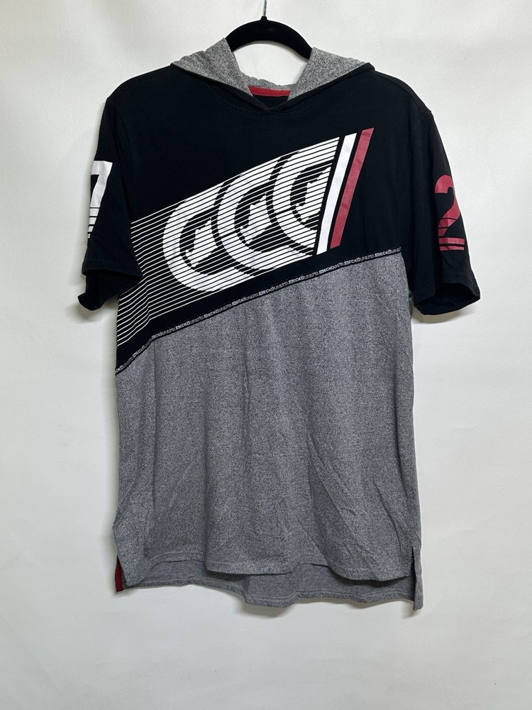Ecko Unltd Tee Mens Large Black Gray Hooded Logo Short Sleeve T-Shirt Spell Out