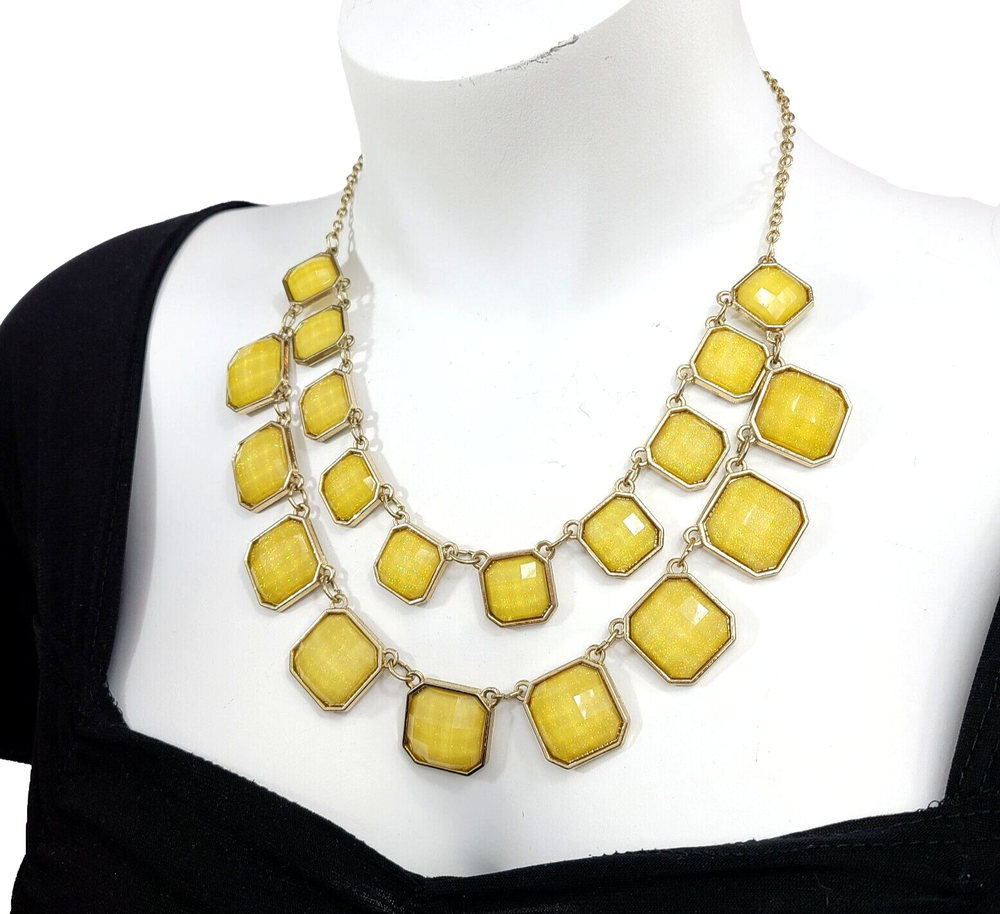 Statement Choker Necklace Yellow Plaid Style Double Strand Mutli-faceted Office