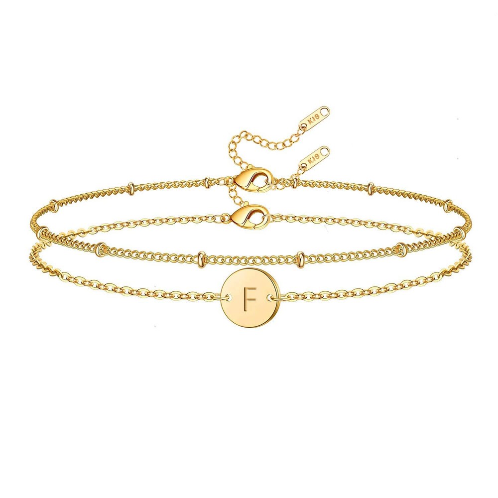Initial Bracelet for Women, 18K Gold Plated Stainless Steel Layered Coin Lett...