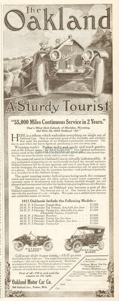 1911 Oakland Runabout Touring Car Antique Print Ad Pontiac MI Ad General Motors
