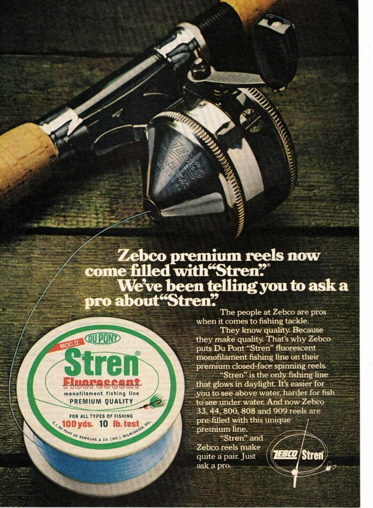 Original 1971 Zebco Reel & Stren fishing line Wilmington DE print ad