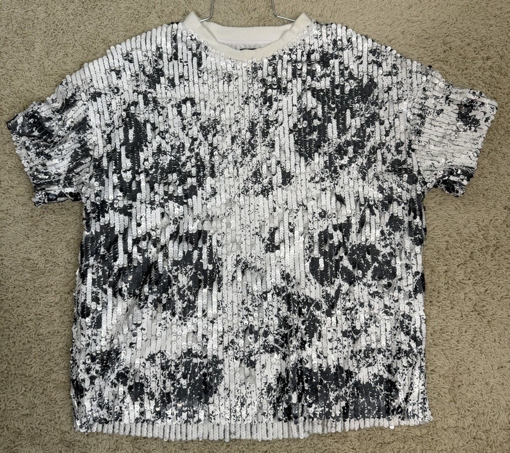 SEN Women’s White and Gray Bali All Over Sequin Top Size S Lined Party Holiday