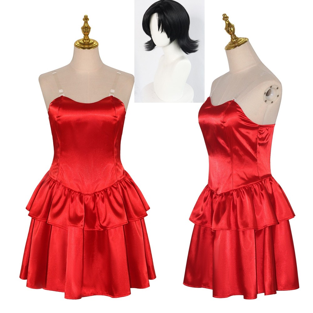 Perfect Blue Cosplay Mima Costume Red Strapless Tube Dress Headband Gloves Wig