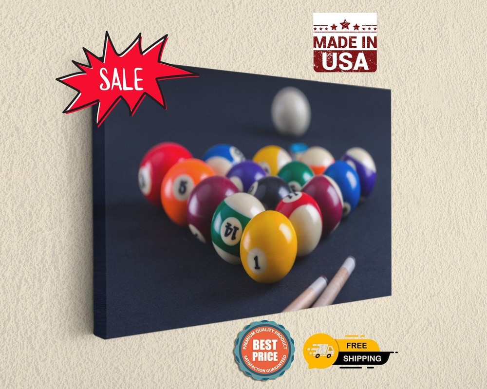 Billiard Canvas Print Black Table Game Balls Cues Reproduction Art