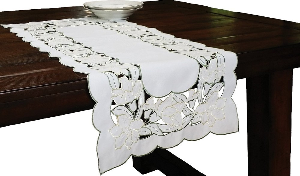 Magnolia Embroidered Cutwork Floral Table Runner, 16-Inch by 36-Inch,White