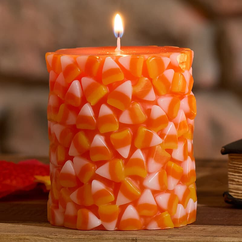 2 Halloween Candy Corn Pillar Candles unscented 3