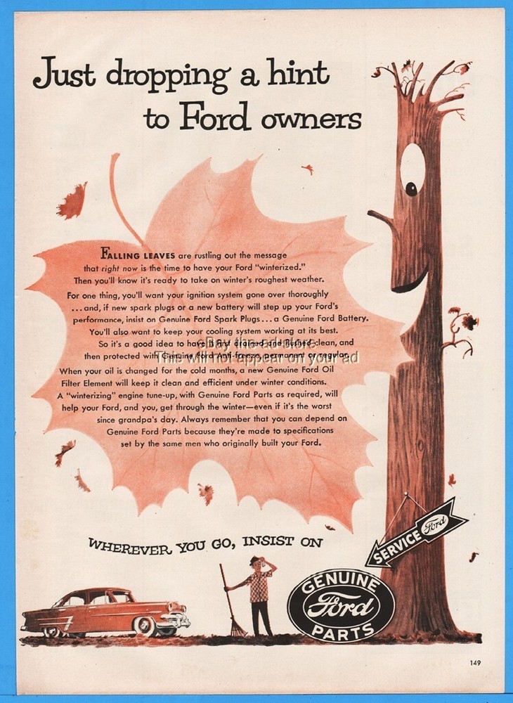1954 Ford Service Genuine Parts Winterize Falling Leaves Tree Art Vehicle Ad