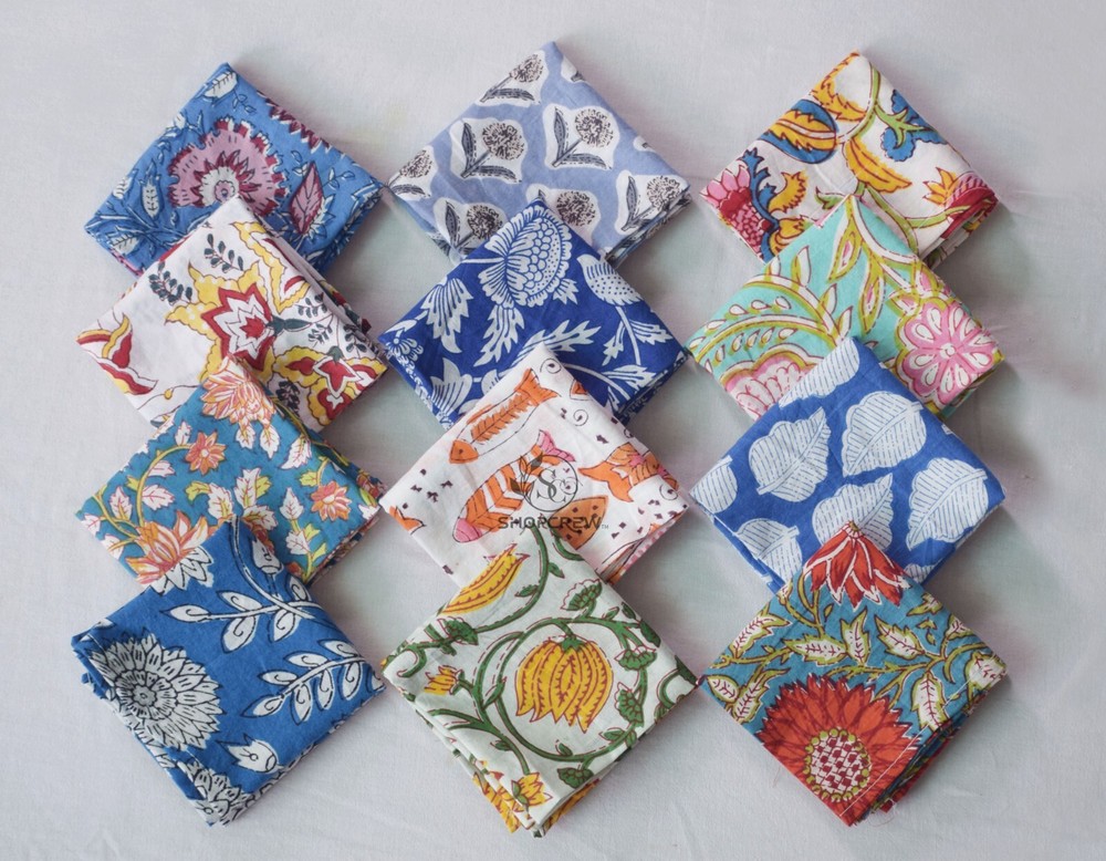 Assorted Cloth Napkins Set Hand Block Floral Printed Cotton Dinner Table Napkins