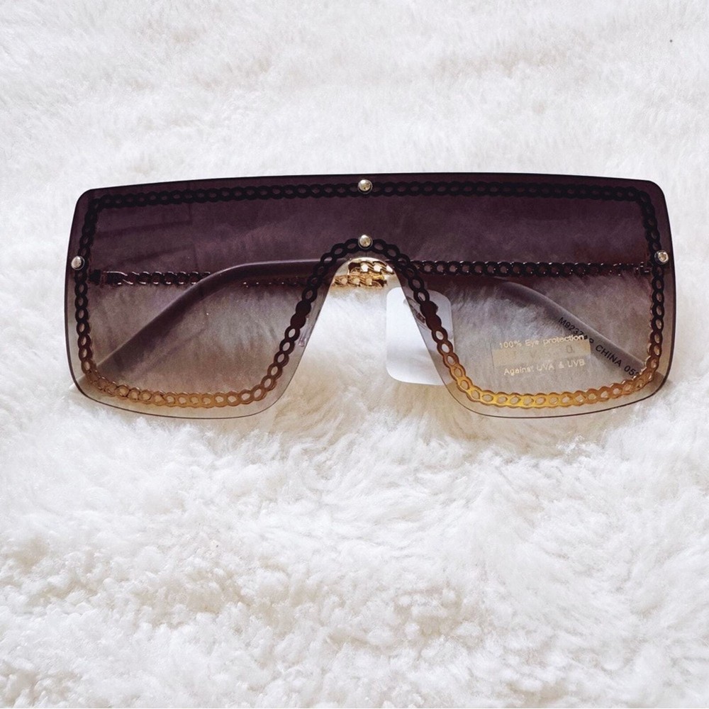 Christine Black Two Tone w/ White Chain Oversized Shield Sunglasses