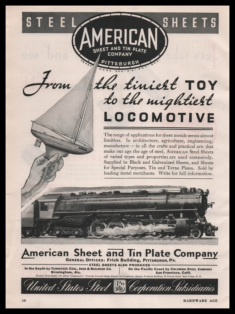 1935 American Sheet & Tin Plate Pittsburgh Toy Boat Locomotive Vintage Print Ad