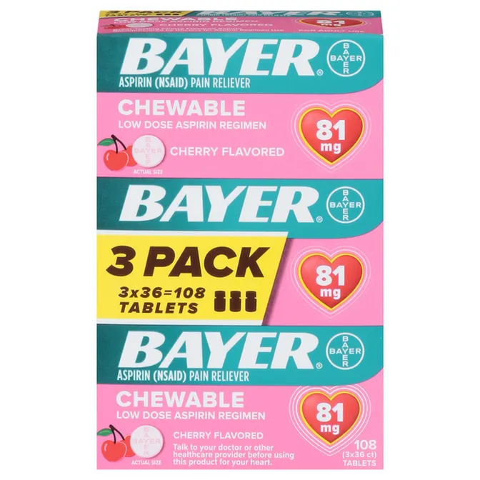 Bayer Chewable 'Baby' Aspirin 81mg Low Dose CHERRY 108Tablets ( 3 pack )