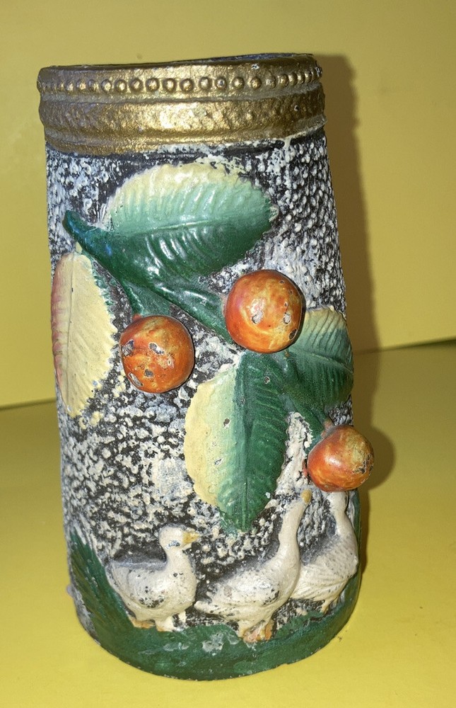 Antique Paper Mache Vase with Raised Cranes and Cherry Tree Design 8 Inches