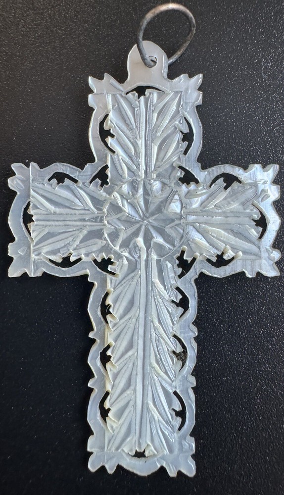 Vintage Ornate Carved Mother of Pearl Cross Pendant Jerusalem