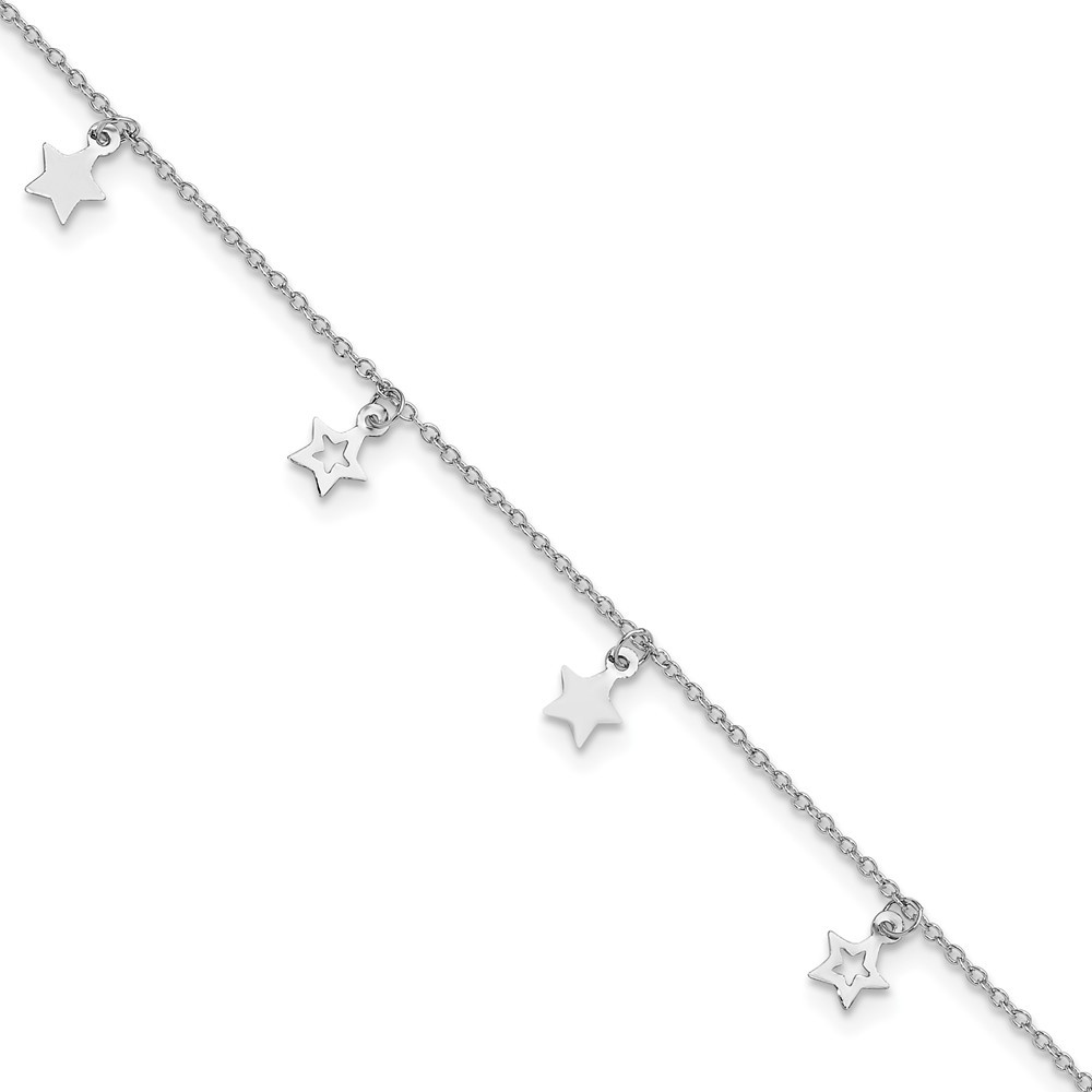 Sterling Silver Rhodium Plated Polished Star Anklet 9.5 Inch with 1 Inch Extension 1.4 Grams