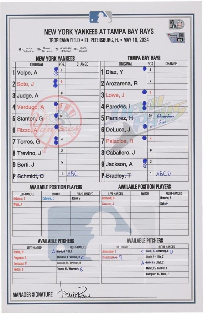 New York Yankees Game-Used Lineup Card vs. Tampa Bay Rays on May 10, 2024