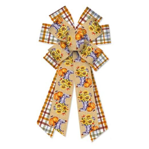 Fall Wreath Bow with Pumpkin and Sunflower Accents for Thanksgiving Decor