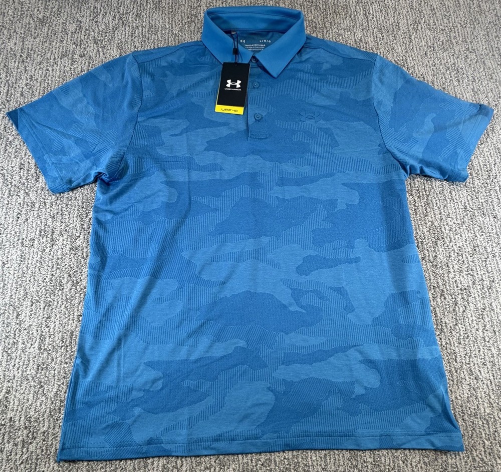 NWT Under Armour The Playoff Polo Shirt AOP Blue Camo Golf Performance Men Large