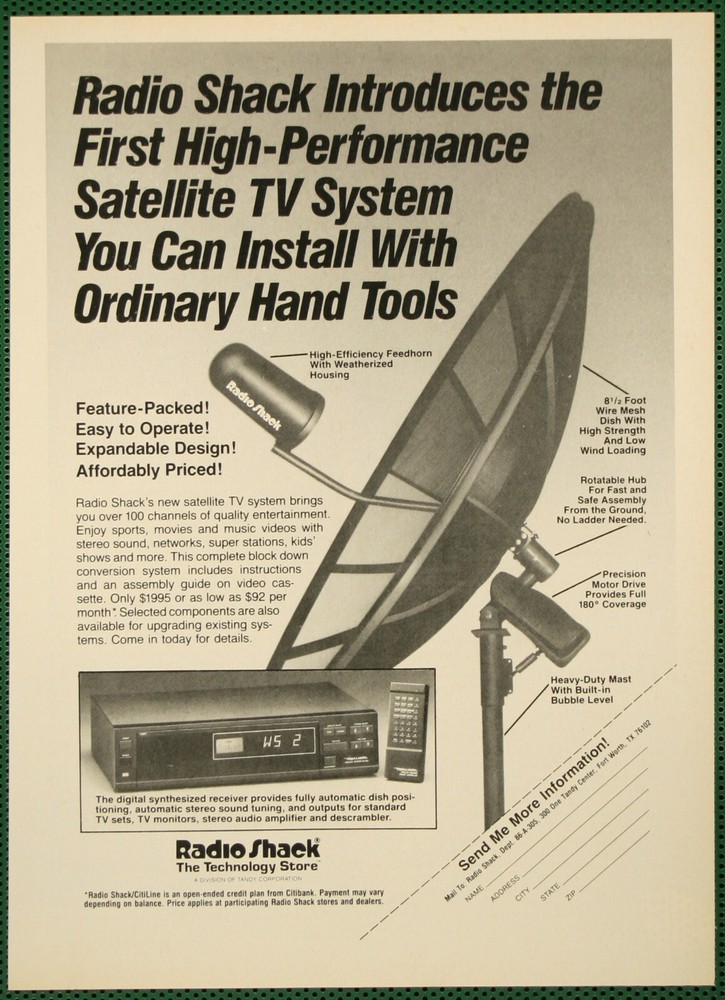 Radio Shack Satellite TV System Dish Receiver Vintage Print Ad 1986