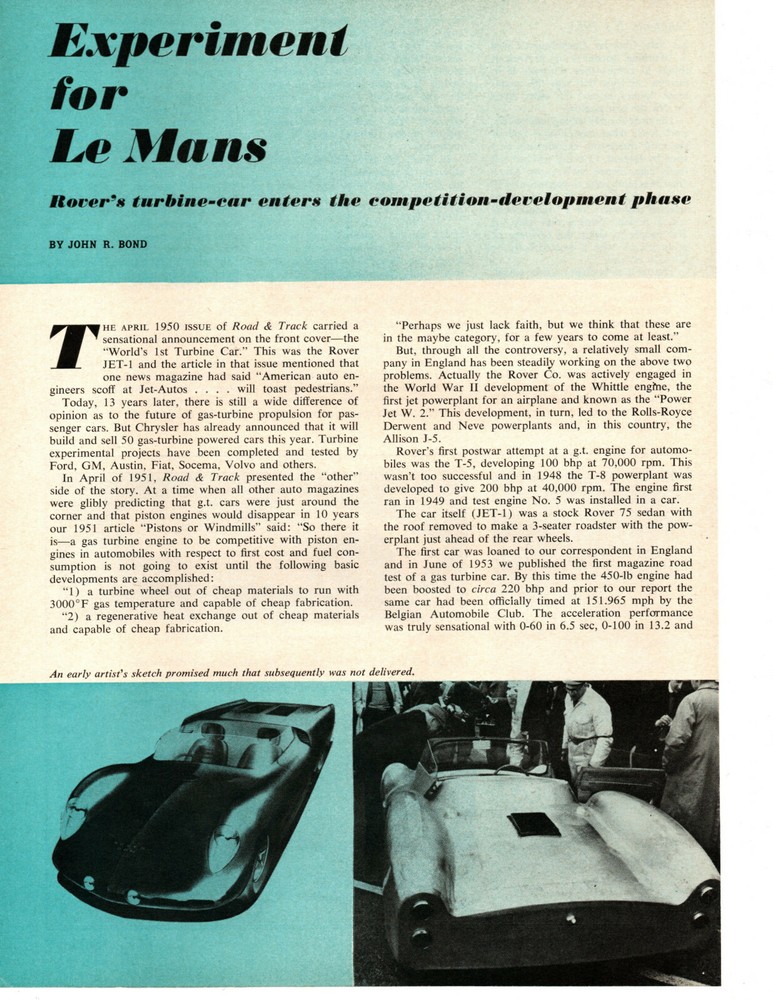 1963 ROVER TURBINE-CAR EXPERIMENT FOR LE MANS ~ ORIGINAL 3-PAGE ARTICLE / AD