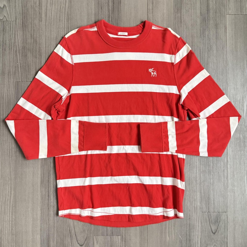 Abercrombie & Fitch Shirt Mens 2XL Red Striped Long Sleeve Moose Logo Muscle-image