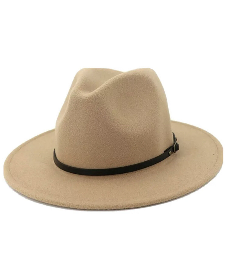 Dantiya Women Wide Brim Wool Fedora Panama Hat with Belt, A-a Camel-image
