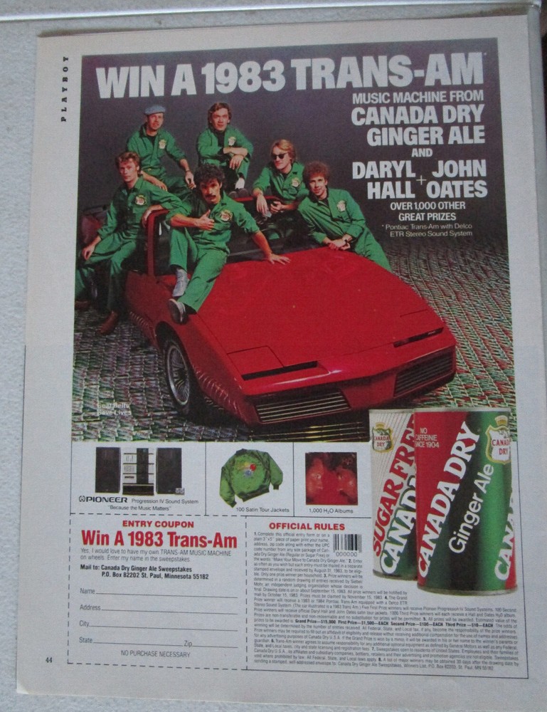 1983 Canada Dry имбирь эль газированной воды печатная реклама ~ Hall & Oates PONTIAC Trans Am