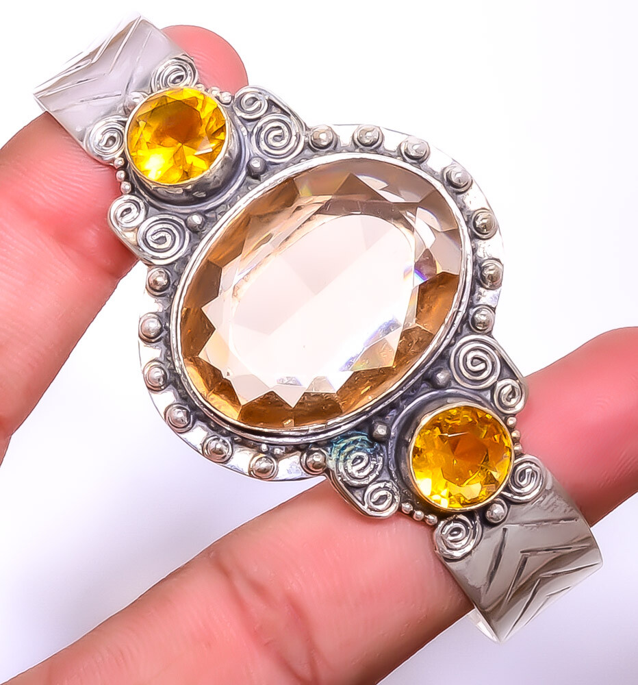 Morganite Quartz 925 Sterling Silver Bali Cuff Adst. T950 C6176-16