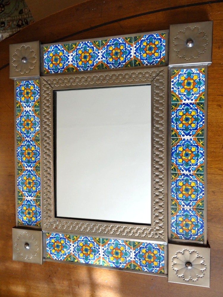 Punched Tin Novica Mirror Talavera Tile Mexican Folk Art Picture Frame