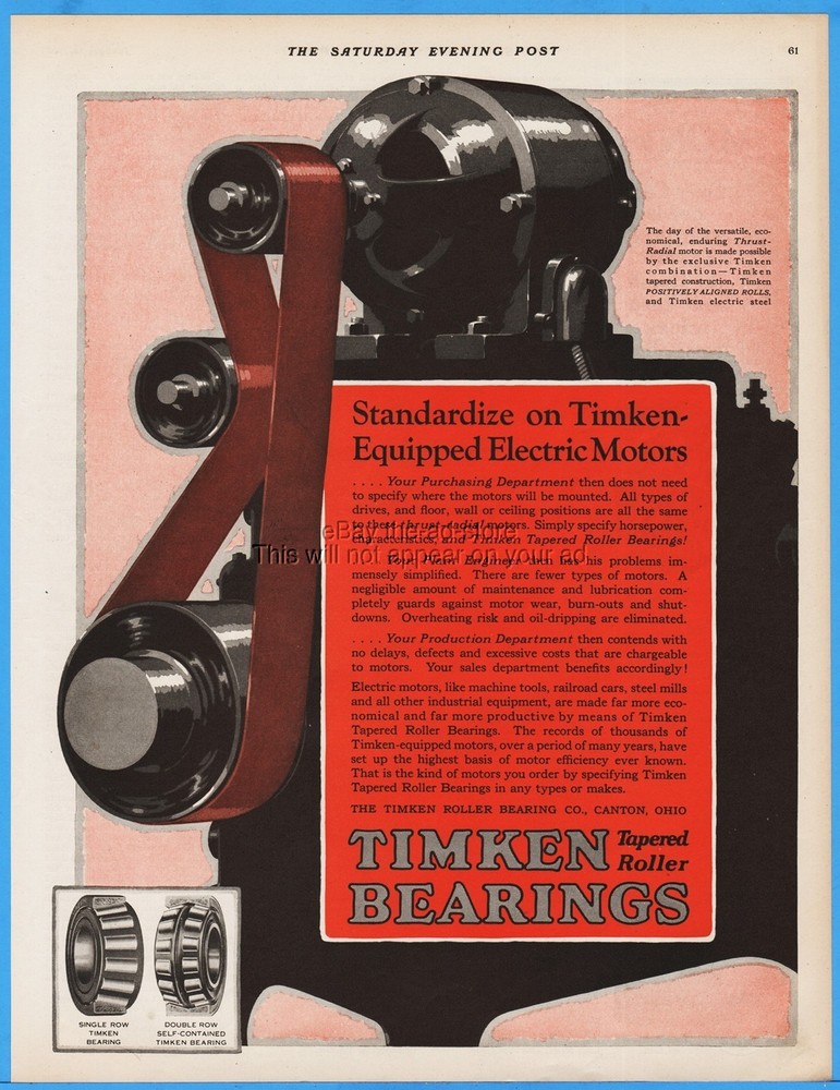 1928 Timken Roller Bearing Canton Ohio Thrust Radial Electric Motor Vintage Magazine Ad