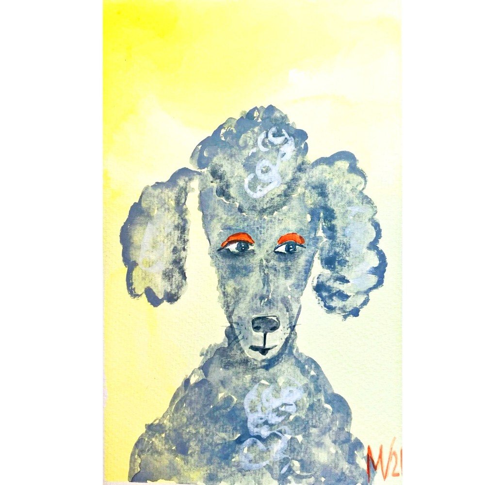 Poodle Painting Watercolor Pet Portrait Wall Art Original Artwork Gray